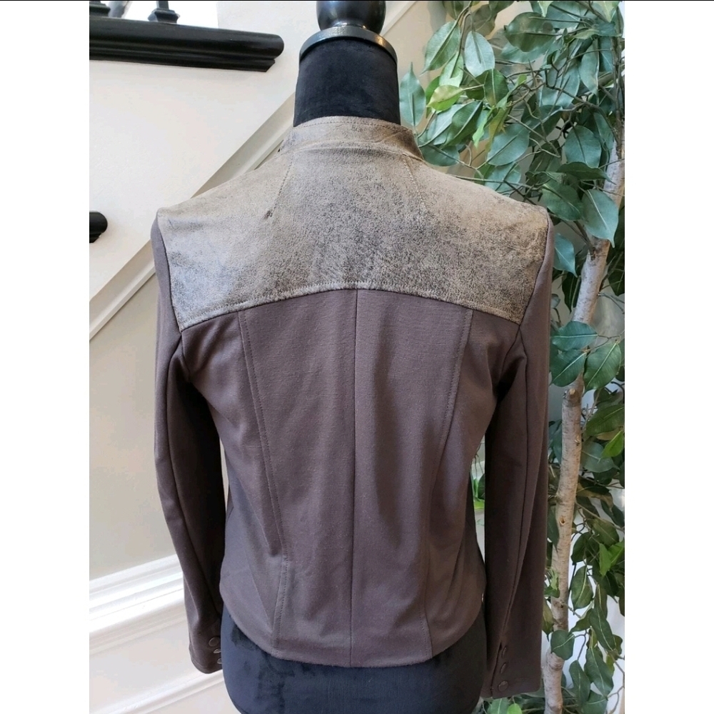 Edyson Vegan Leather Jacket Womens Size L Brown Stretch Long Sleeve Open Front - Picture 3 of 7